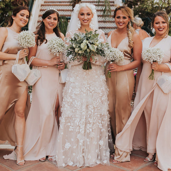 Mix and match champagne and blush bridesmaid dresses Constellation Ame